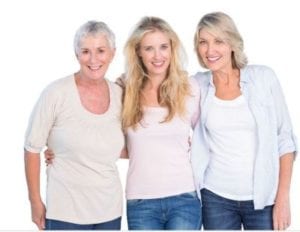 An image of a Cuacasian family. In the image theres a mature mother and her adult daughters side by side smiling. 